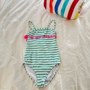 Boden One Piece Teal Striped Swimsuit with Hot Pink Pom Pom Trim